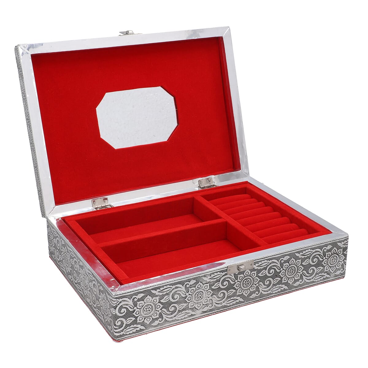 Handcrafted Aluminium Elephant Embossed 2 Tier Jewelry Box with Scratch Protection Interior image number 4