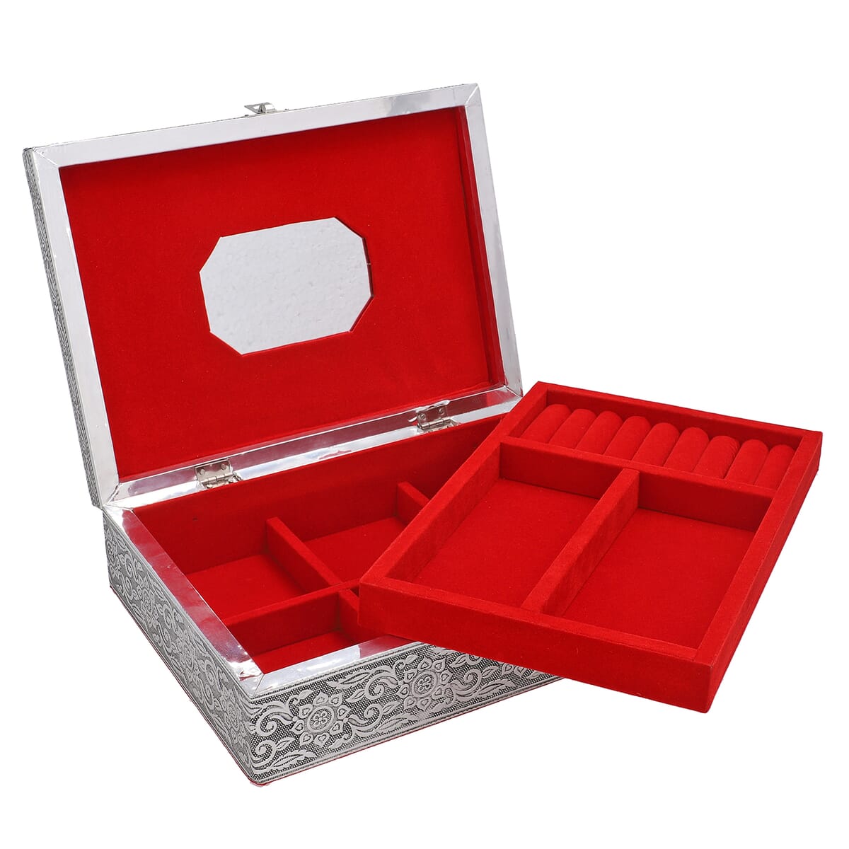 Handcrafted Aluminium Elephant Embossed 2 Tier Jewelry Box with Scratch Protection Interior image number 6