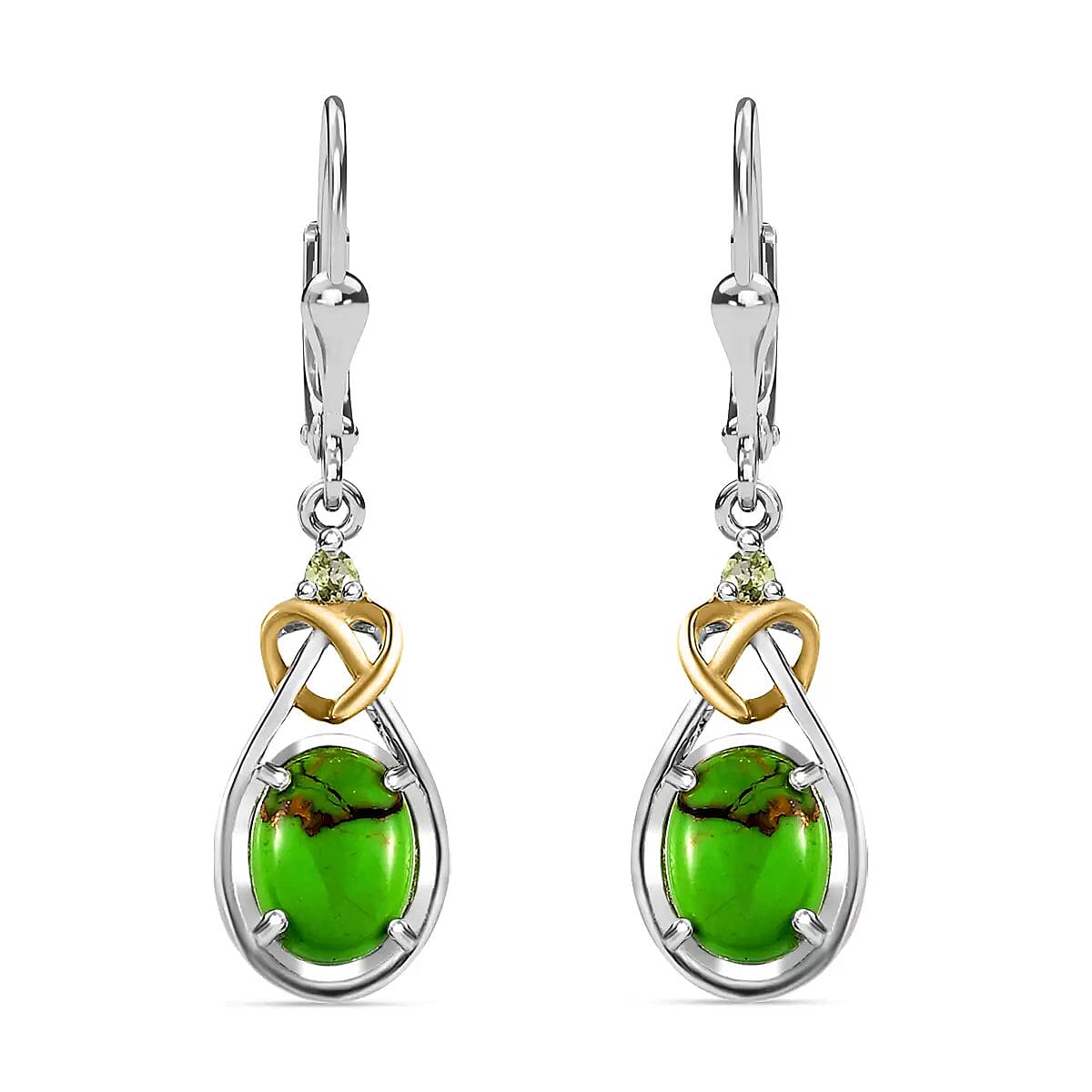 D'Joy Mojave Green Turquoise 2.50 ctw and Peridot Accent Earrings, Drop Earrings, 14K YG and Platinum Over Sterling Silver Earrings, Birthstone Earrings