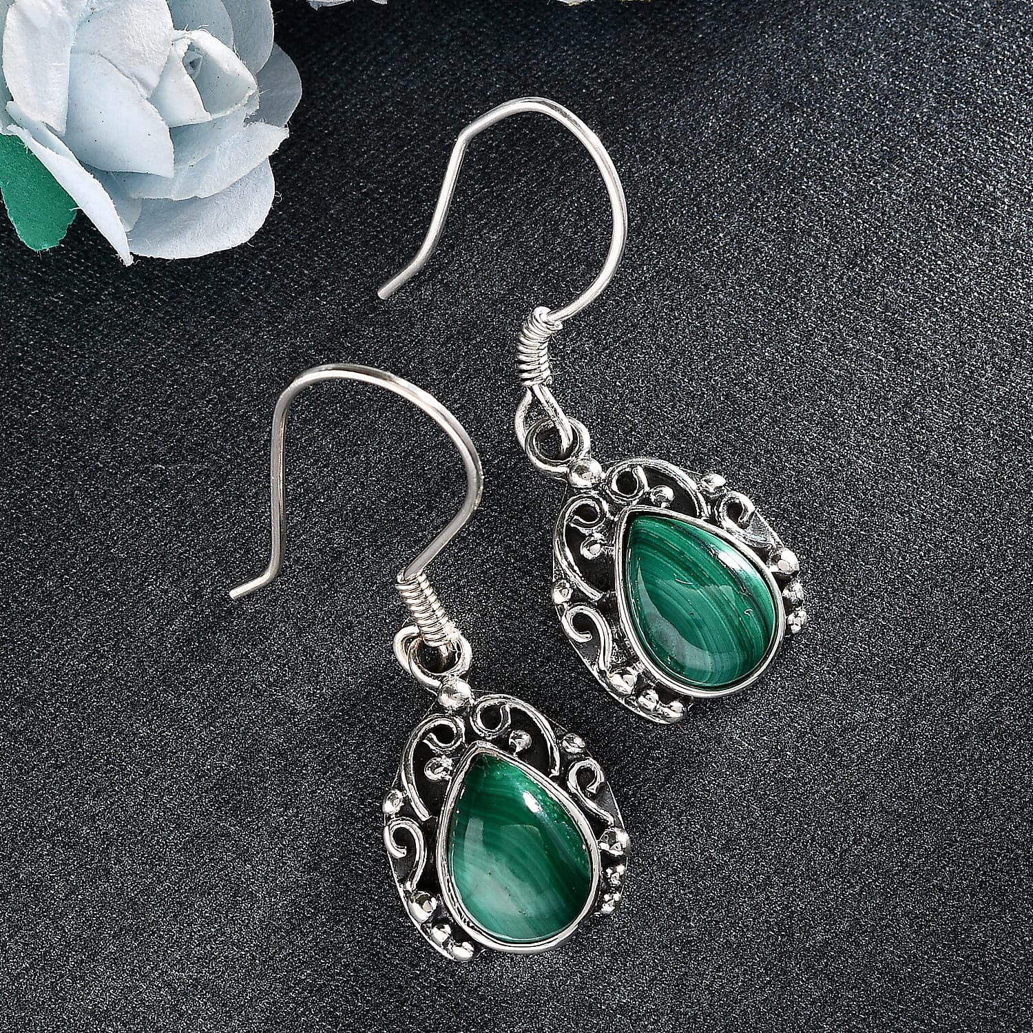 Artisan Crafted African Malachite Dangle Earrings in Sterling Silver 5.50 ctw