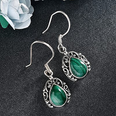 Artisan Crafted African Malachite Dangle Earrings in Sterling Silver 5.50 ctw