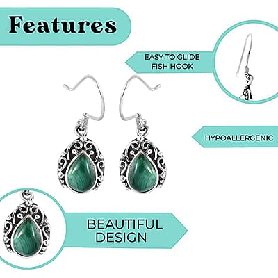 Artisan Crafted African Malachite Dangle Earrings in Sterling Silver 5.50 ctw