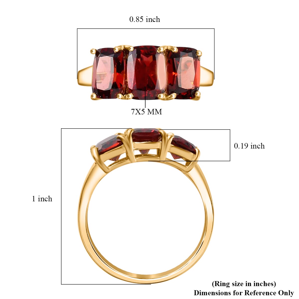Mozambique Garnet 3.00 ctw Trilogy Ring in 14K Yellow Gold Over Sterling Silver (Size 7.0) image number 7