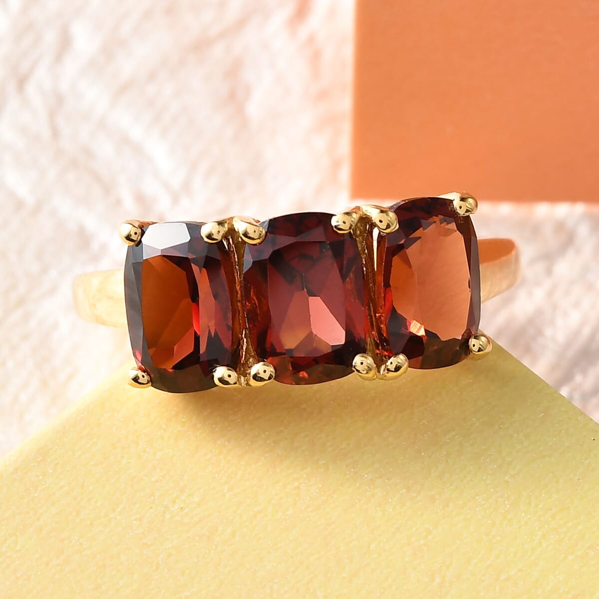 Mozambique Garnet 3.00 ctw Trilogy Ring in 14K Yellow Gold Over Sterling Silver (Size 9.0) image number 2