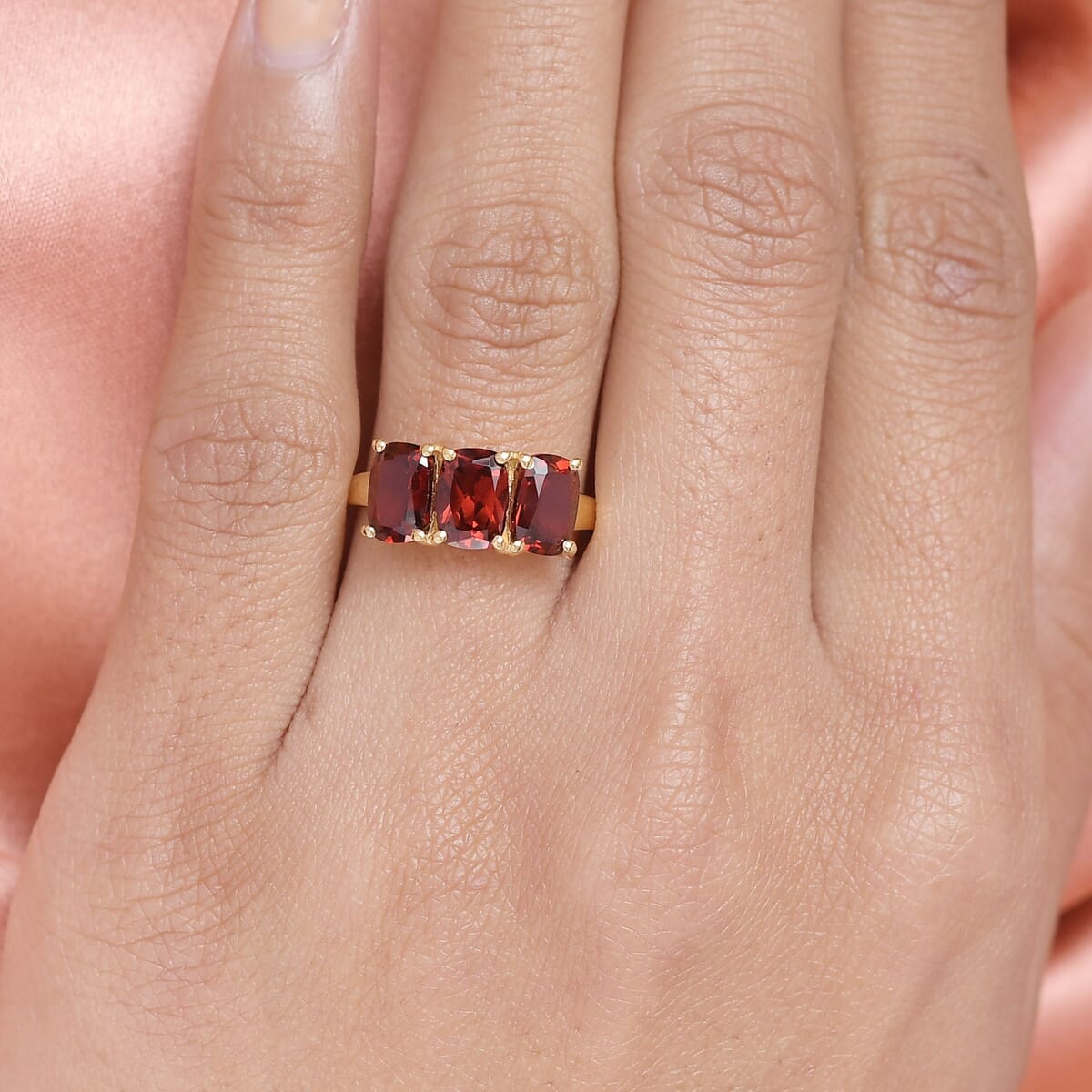Mozambique Garnet 3.00 ctw Trilogy Ring in 14K Yellow Gold Over Sterling Silver (Size 9.0) image number 3