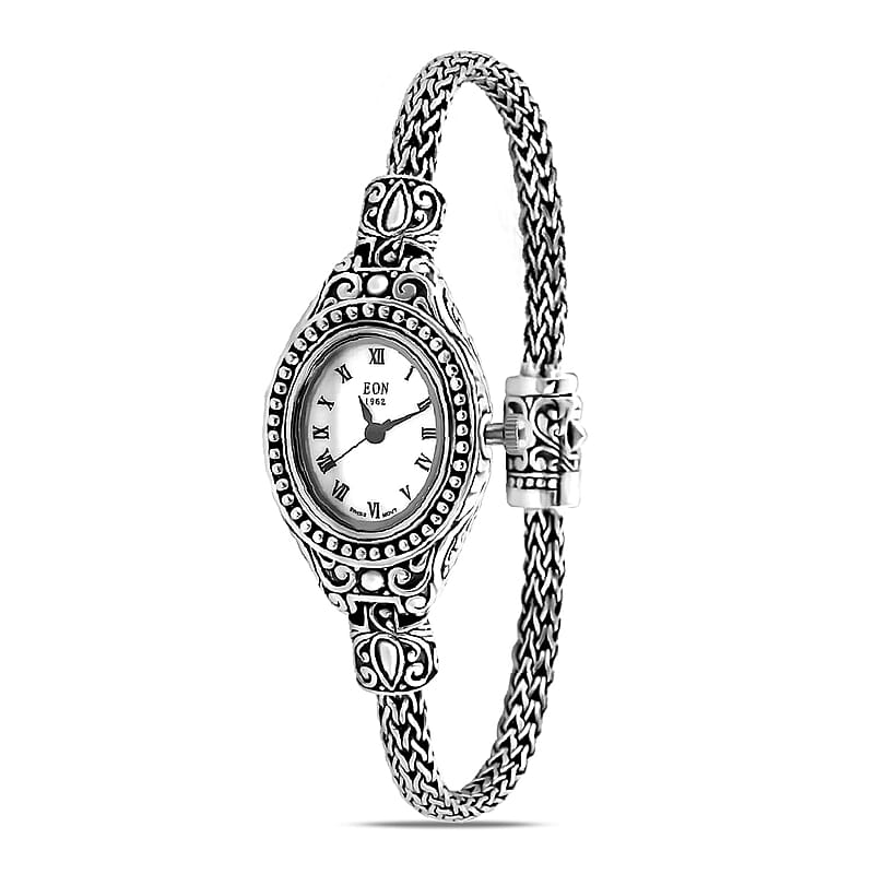 Bali Legacy Eon 1962 Swiss Movement Sterling Silver Tulang Naga Bracelet Watch (8 in), Designer Bracelet Watch, Analog Luxury Wristwatch