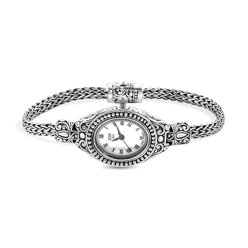 Bali Legacy Eon 1962 Swiss Movement Sterling Silver Tulang Naga Bracelet Watch (8 in), Designer Bracelet Watch, Analog Luxury Wristwatch