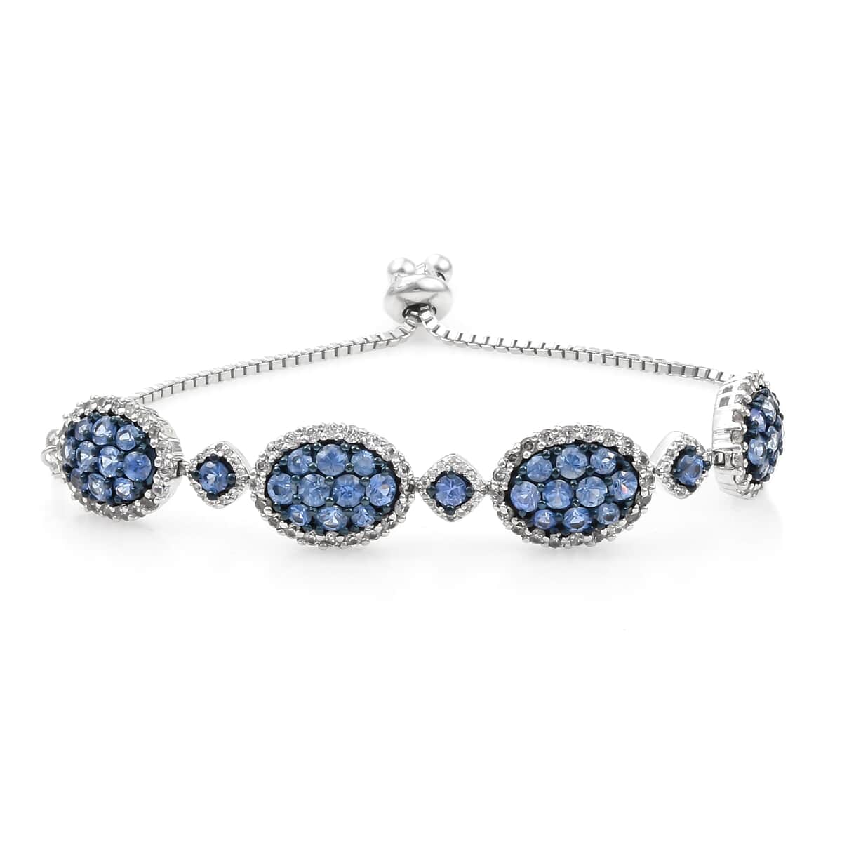 Ceylon Blue Sapphire and Zircon Bolo Bracelet in Platinum Over Sterling Silver 12.75 Grams 7.70 ctw image number 0