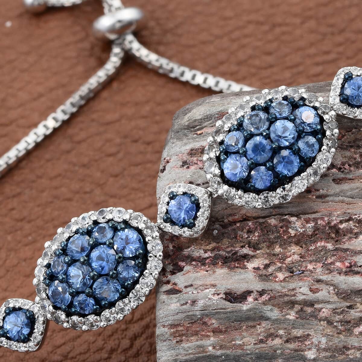 Ceylon Blue Sapphire and Zircon Bolo Bracelet in Platinum Over Sterling Silver 12.75 Grams 7.70 ctw image number 1