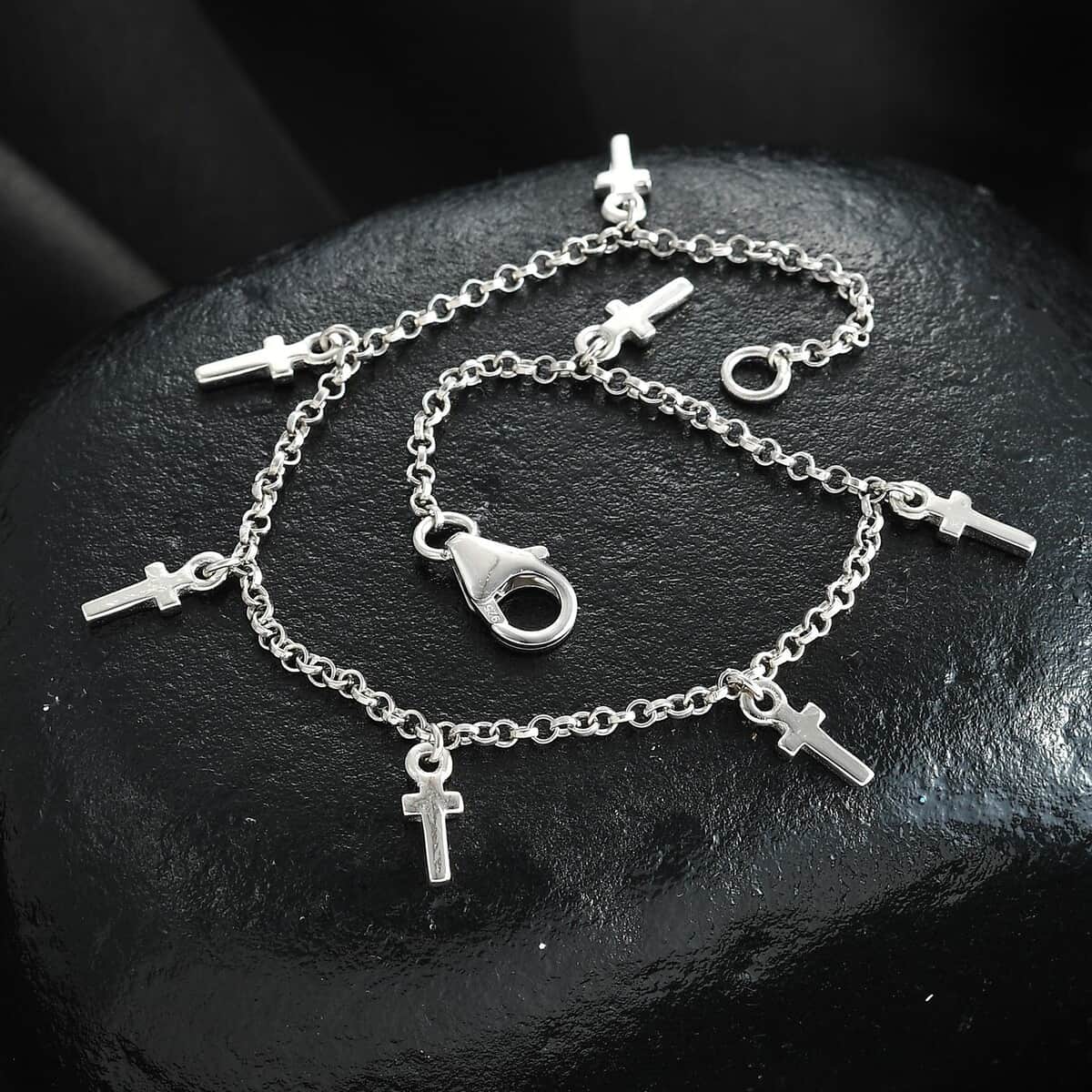 Cross Charm Bracelet in Platinum Over Sterling Silver (7.25 In) 3.25 Grams image number 1
