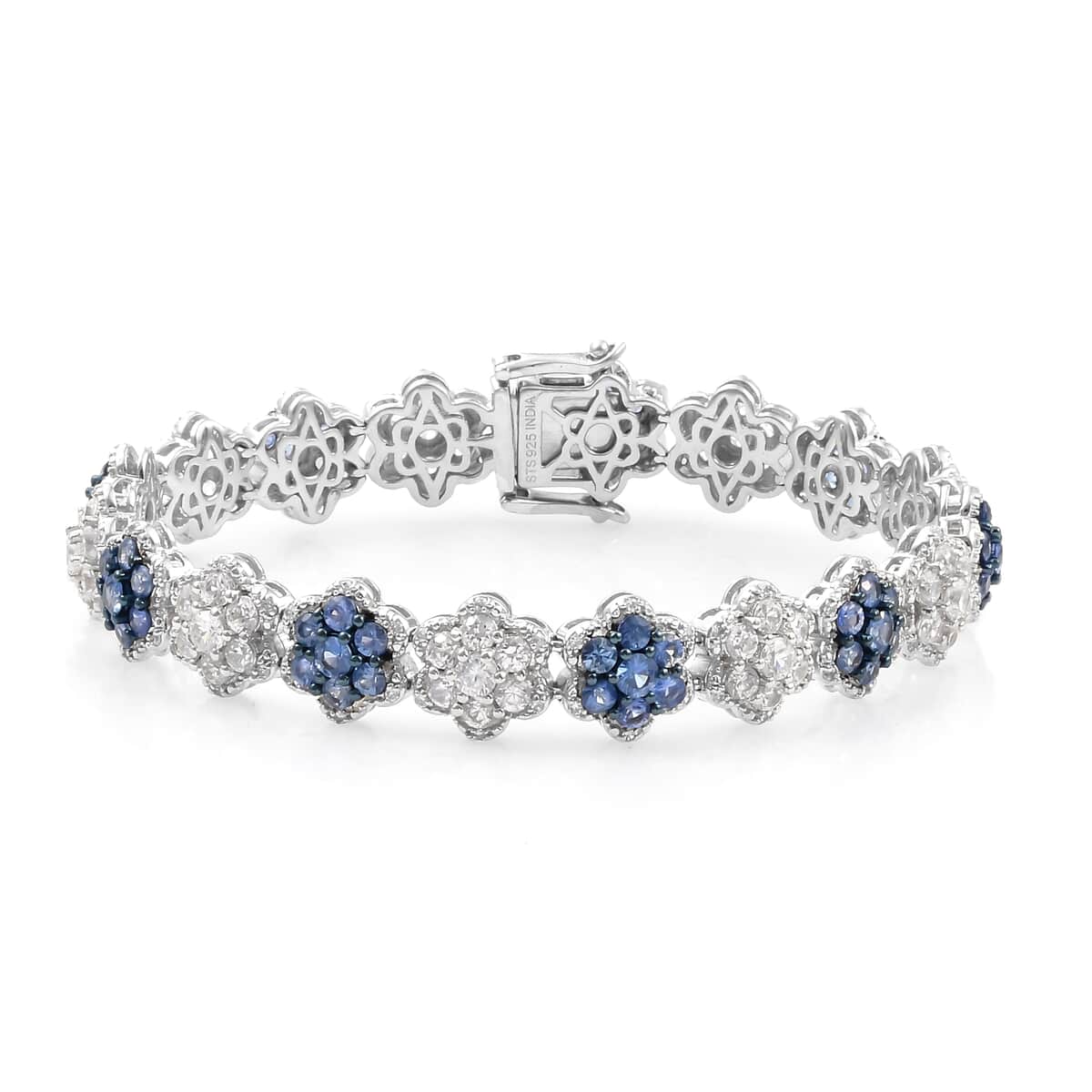 Blue Ceylon Sapphire and Natural White Zircon Bracelet in Platinum Over Sterling Silver (7.00 In) 20 Grams 13.40 ctw image number 0