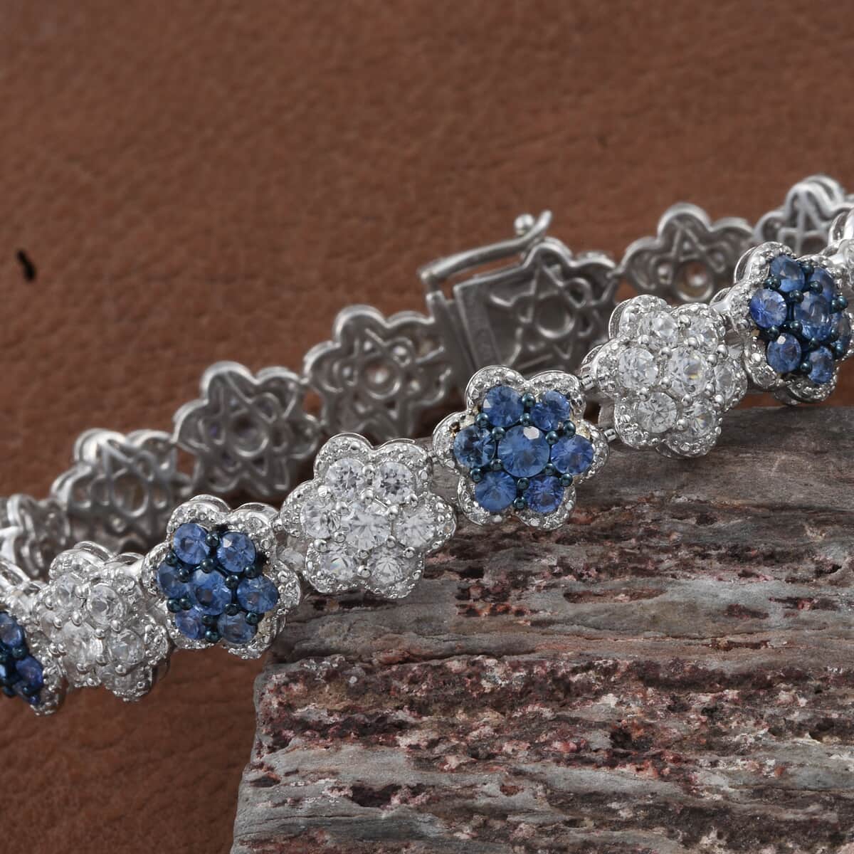 Blue Ceylon Sapphire and Natural White Zircon Bracelet in Platinum Over Sterling Silver (7.00 In) 20 Grams 13.40 ctw image number 1