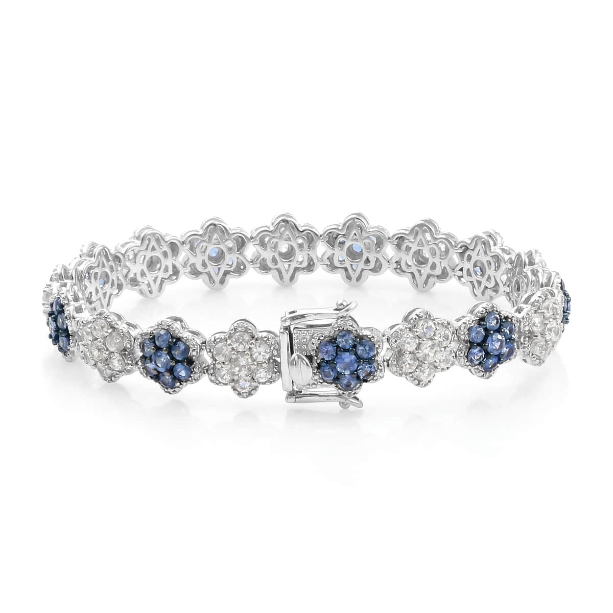 Blue Ceylon Sapphire and Natural White Zircon Bracelet in Platinum Over Sterling Silver (7.00 In) 20 Grams 13.40 ctw image number 3