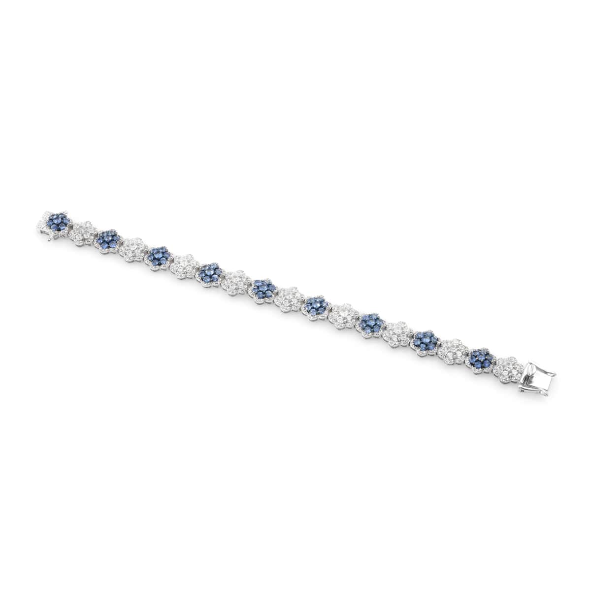 Blue Ceylon Sapphire and Natural White Zircon Bracelet in Platinum Over Sterling Silver (7.00 In) 20 Grams 13.40 ctw image number 4