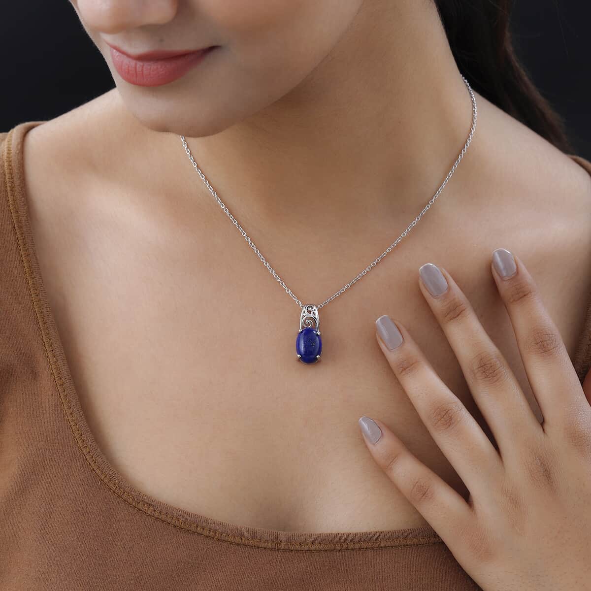 Karis Lapis Lazuli Solitaire Pendant in Platinum Bond with Stainless Steel Necklace 20 Inches 6.85 ctw image number 2