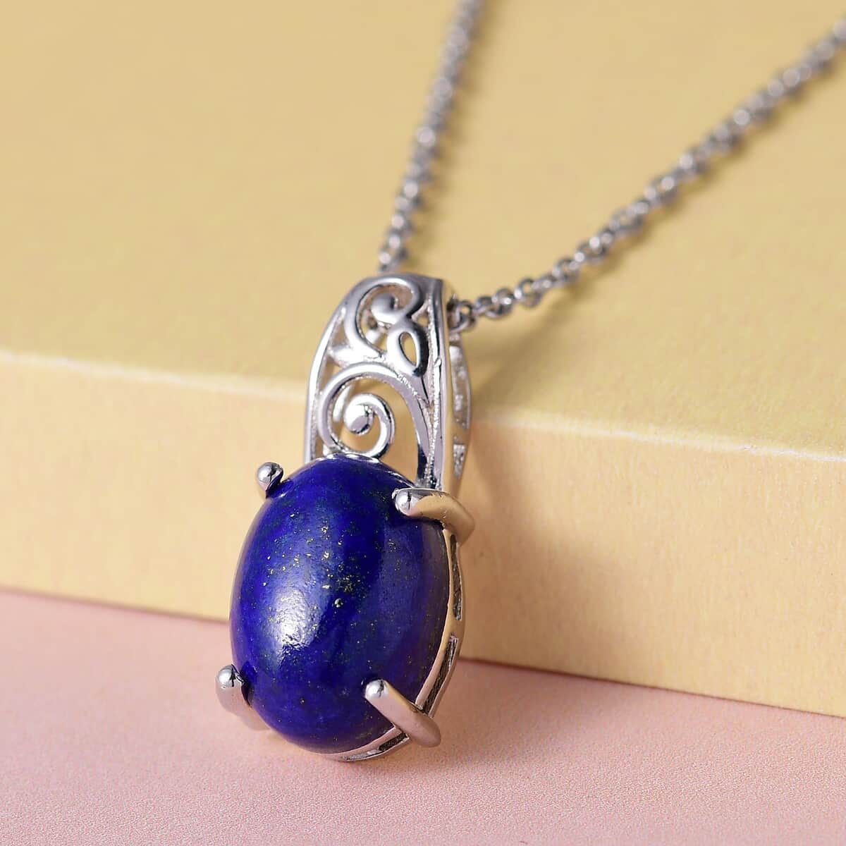 Karis Lapis Lazuli Solitaire Pendant in Platinum Bond with Stainless Steel Necklace 20 Inches 6.85 ctw image number 3