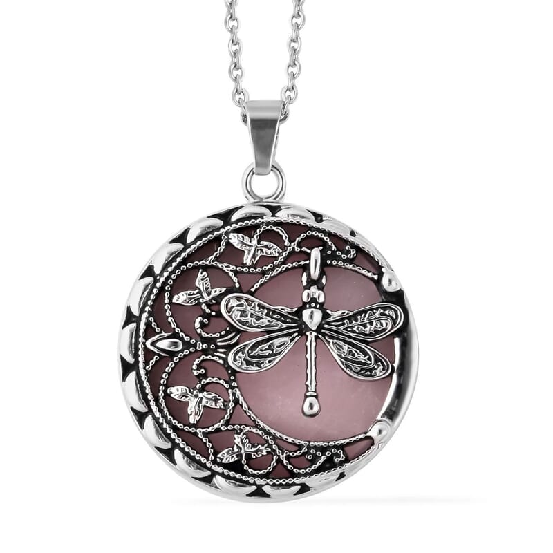 Galilea Rose Quartz 55.00 ctw Dragonfly Pendant Necklace in Black Oxidized Stainless Steel 20 Inches