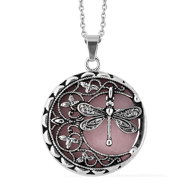 Galilea Rose Quartz 55.00 ctw Dragonfly Pendant Necklace in Black Oxidized Stainless Steel 20 Inches
