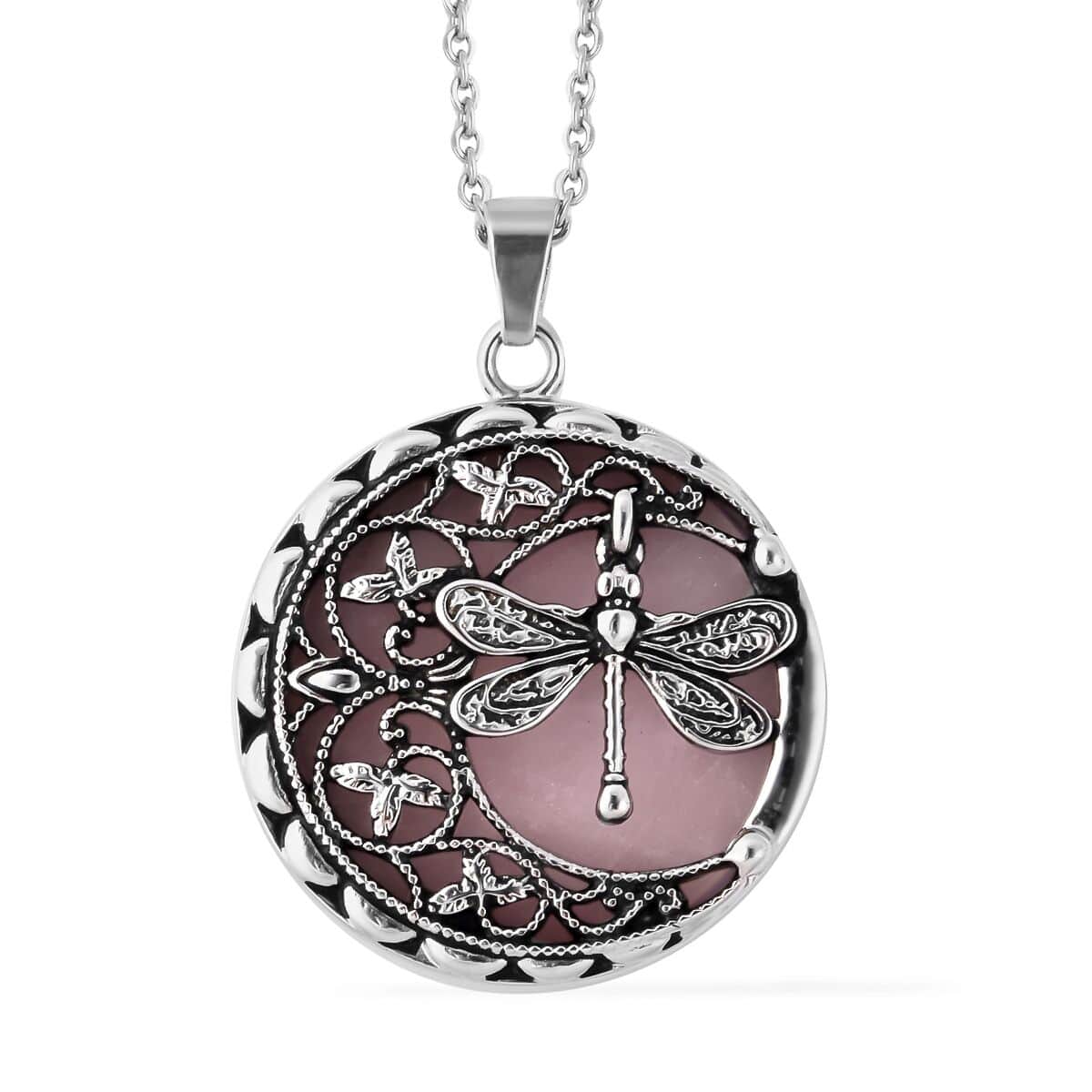 Galilea Rose Quartz  Necklace in Black Oxidized Stainless Steel, Dragonfly Pendant, Silver Jewelry For Women 55.00 ctw (20 Inches) image number 0