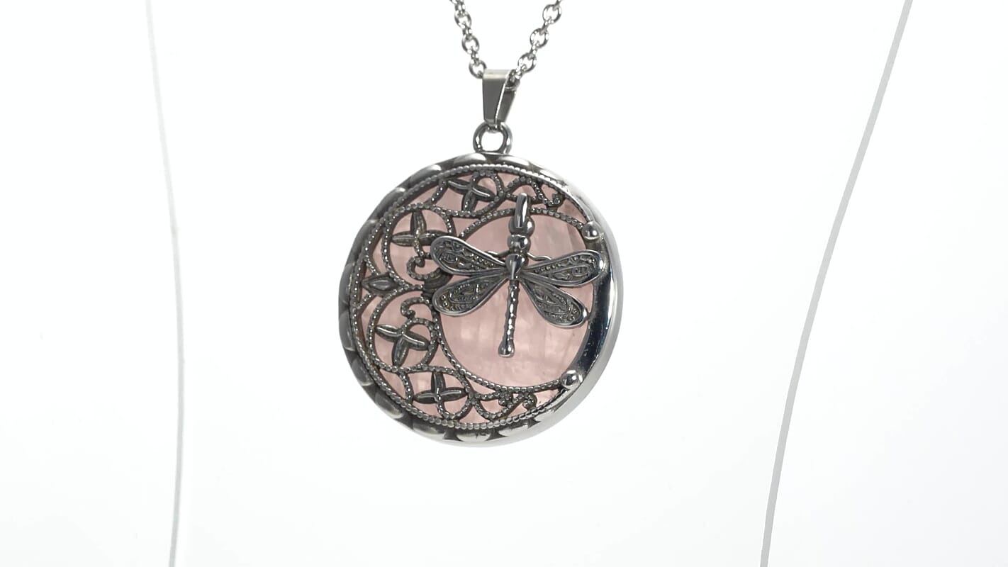 55.00 ctw Galilea Rose Quartz Dragonfly Pendant Necklace 20 Inches in Black Oxidized Stainless Steel