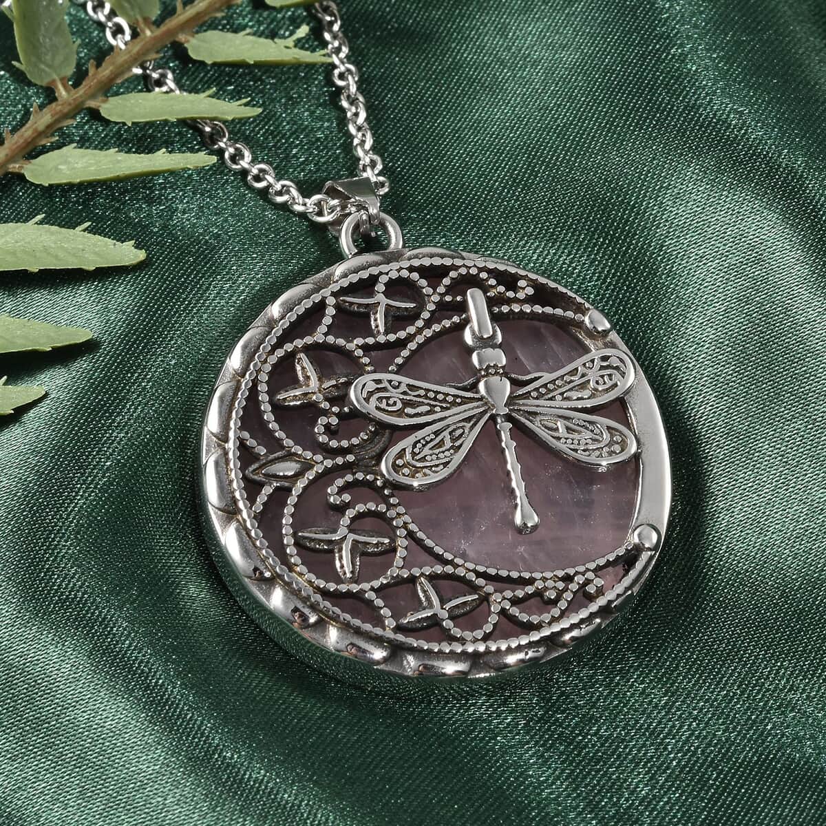 Galilea Rose Quartz  Necklace in Black Oxidized Stainless Steel, Dragonfly Pendant, Silver Jewelry For Women 55.00 ctw (20 Inches) image number 1