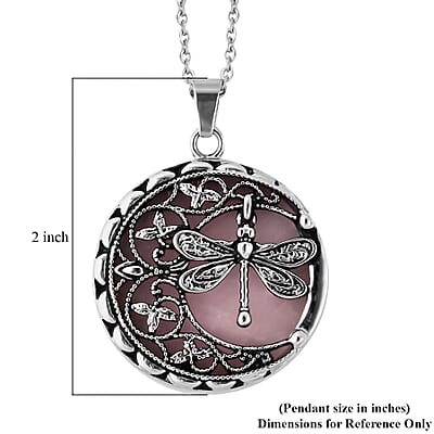 Galilea Rose Quartz 55.00 ctw Dragonfly Pendant Necklace in Black Oxidized Stainless Steel 20 Inches