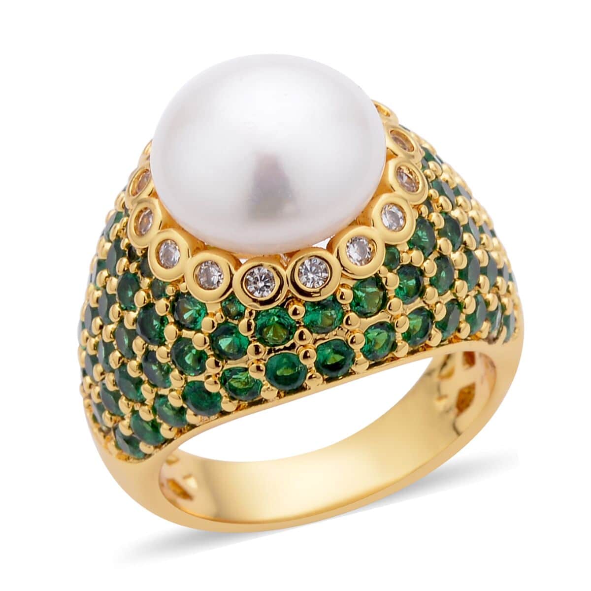 Freshwater White Pearl, Simulated Green and White Diamond Ring in Goldtone 3.50 ctw image number 0