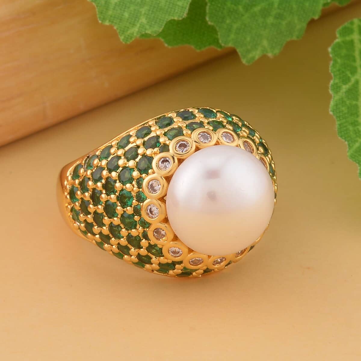 Freshwater White Pearl, Simulated Green and White Diamond Ring in Goldtone 3.50 ctw image number 1