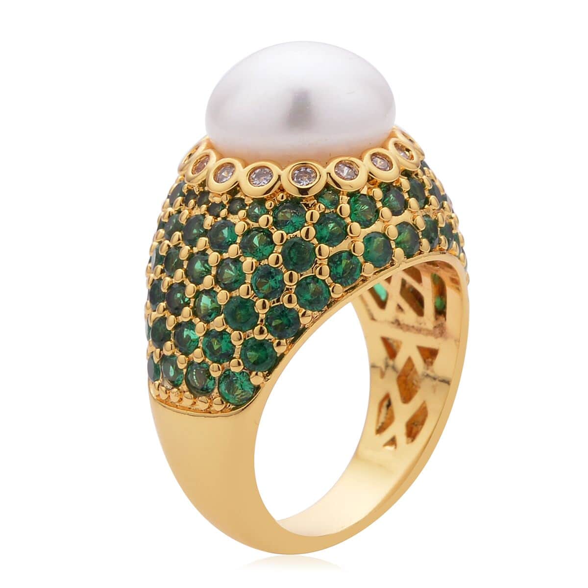 Freshwater White Pearl, Simulated Green and White Diamond Ring in Goldtone 3.50 ctw image number 3