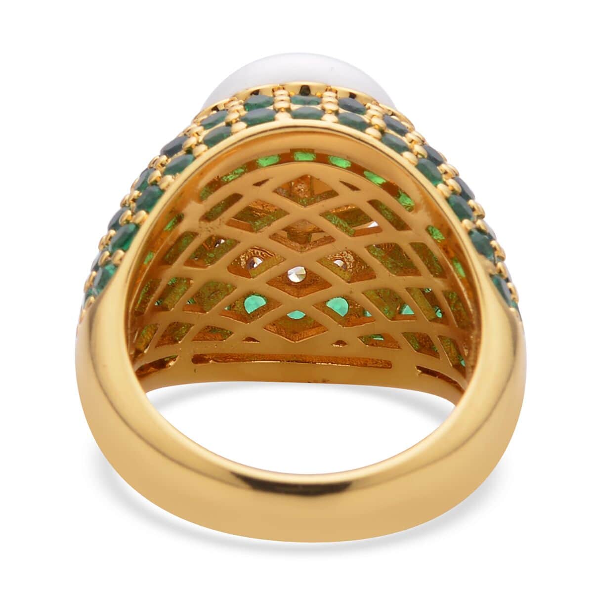 Freshwater White Pearl, Simulated Green and White Diamond Ring in Goldtone 3.50 ctw image number 4