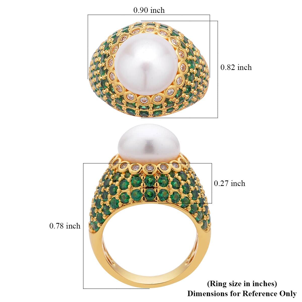 Freshwater White Pearl, Simulated Green and White Diamond Ring in Goldtone 3.50 ctw image number 5