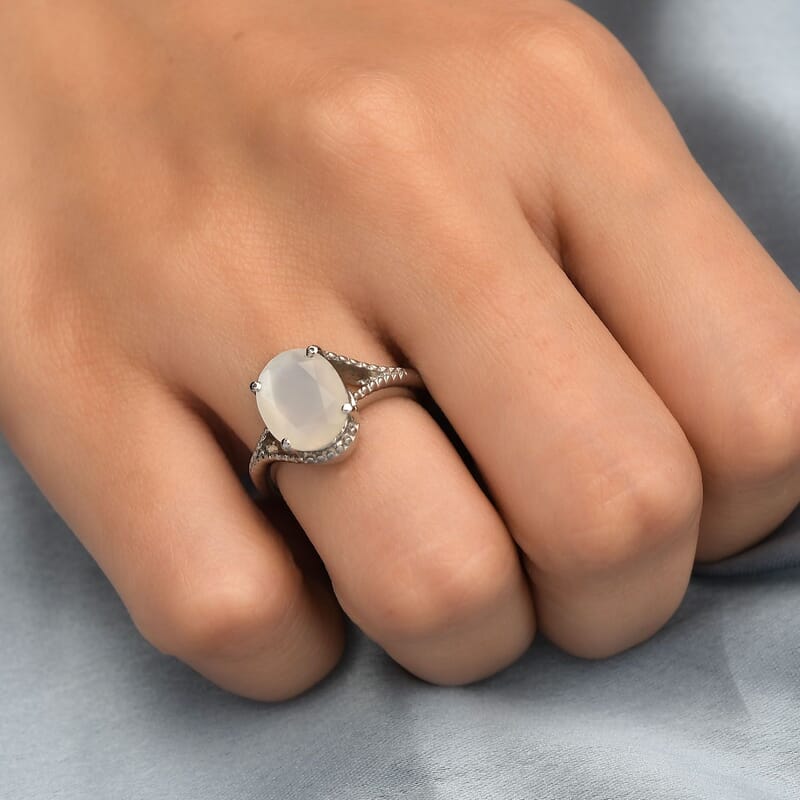 Sri Lankan Silver Moonstone Split Shank Ring in Stainless Steel (Size 10.0) 3.25 ctw