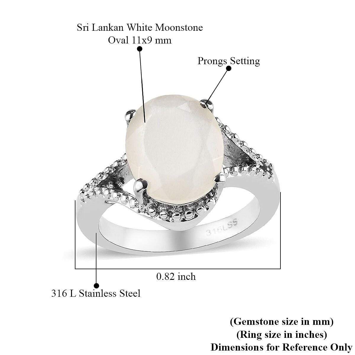Sri Lankan Silver Moonstone Split Shank Ring in Stainless Steel (Size 10.0) 3.25 ctw