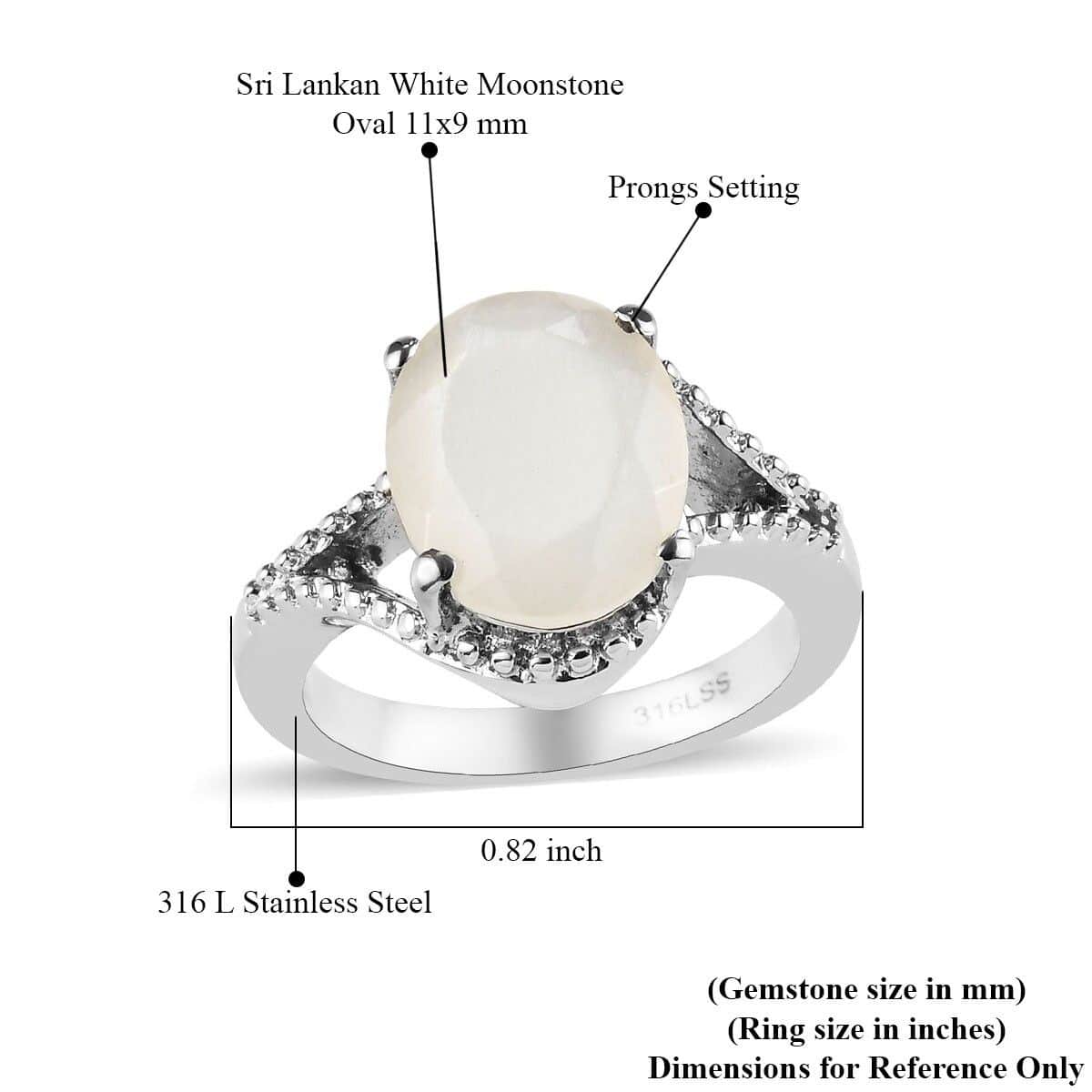Sri Lankan Silver Moonstone Split Shank Ring in Stainless Steel (Size 10.0) 3.25 ctw image number 7