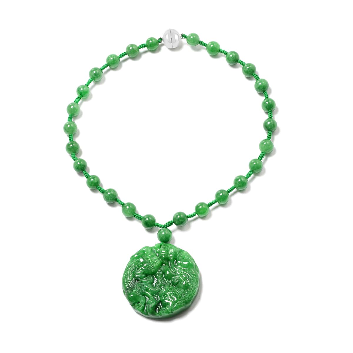 Green Jade Carved (D) Two Qilins & Turtle Pendant With Beaded Necklace 18 Inches in Sterling Silver 584.00 ctw image number 0
