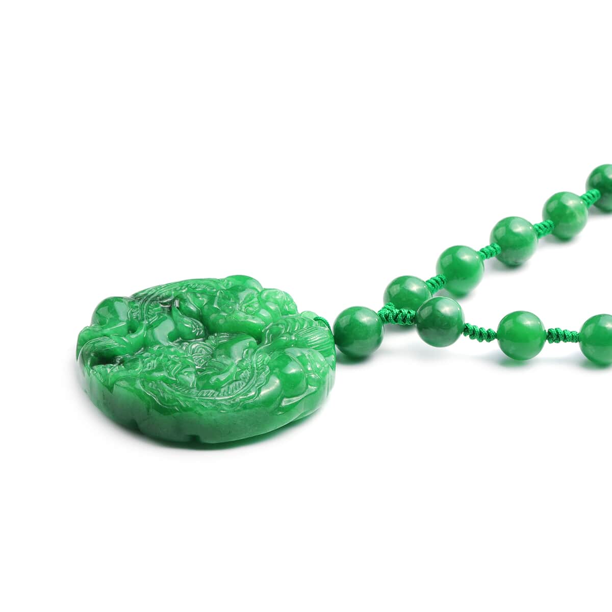 Green Jade Carved (D) Two Qilins & Turtle Pendant With Beaded Necklace 18 Inches in Sterling Silver 584.00 ctw image number 1