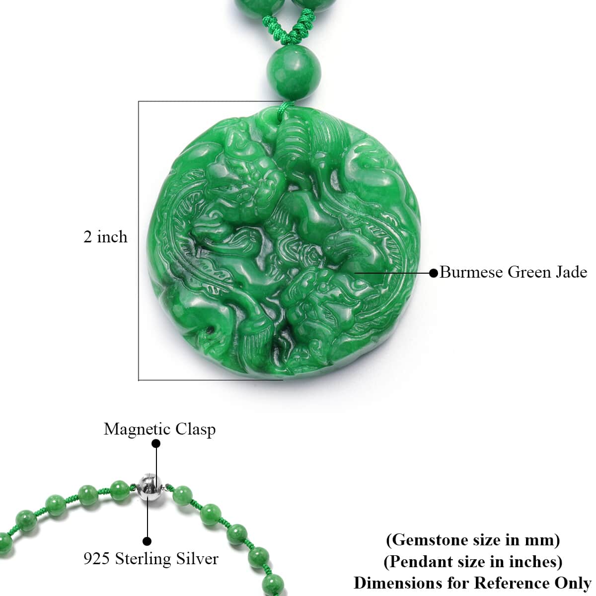 Green Jade Carved (D) Two Qilins & Turtle Pendant With Beaded Necklace 18 Inches in Sterling Silver 584.00 ctw image number 3