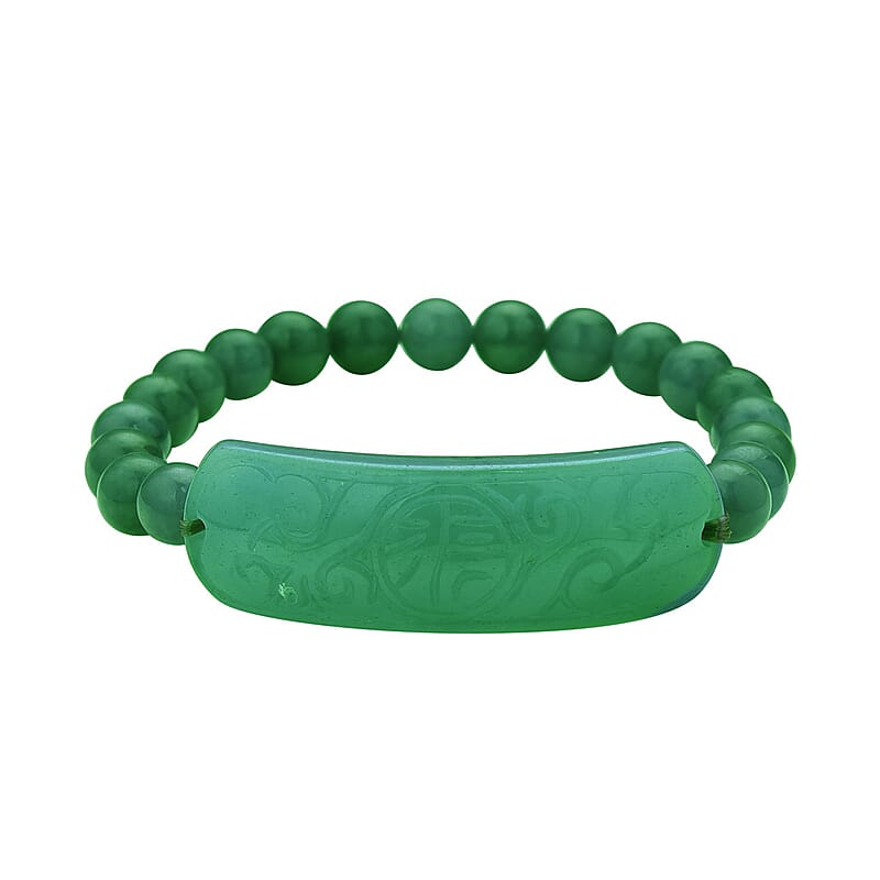 Green Jade Bead Stretch Bracelet| Ancient Coin Detail Carved Bar Bracelet  150.00 ctw