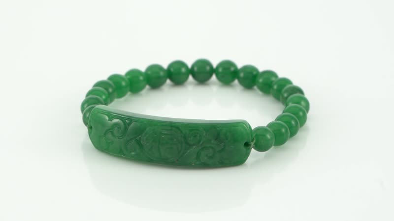 Green Jade Ancient Coin Detail Carved Bar and Beaded Stretch Bracelet 150 ctw