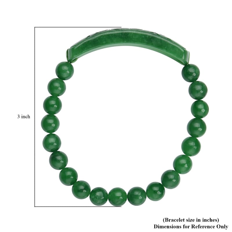 Green Jade (D) 150.00 ctw Bead Stretch Bracelet, Ancient Coin Detail Carved Bar Bracelet