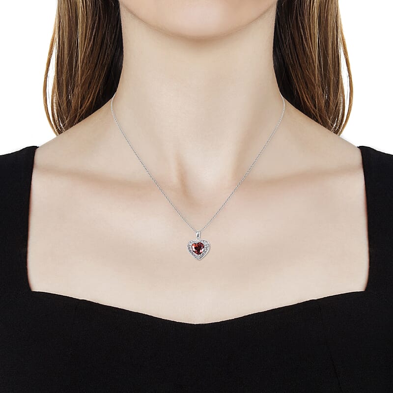 Simulated Red and White Diamond Heart Pendant Necklace 20 Inch in Sterling Silver and Stainless Steel