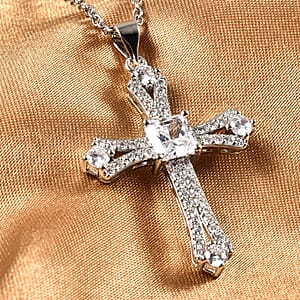 Simulated Diamond Cross Pendant in Silvertone with Stainless Steel Necklace 20 Inches