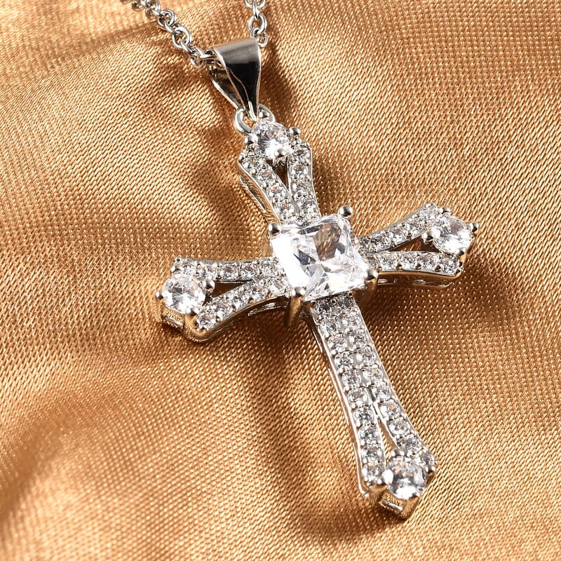 Simulated Diamond Cross Pendant in Silvertone with Stainless Steel Necklace 20 Inches