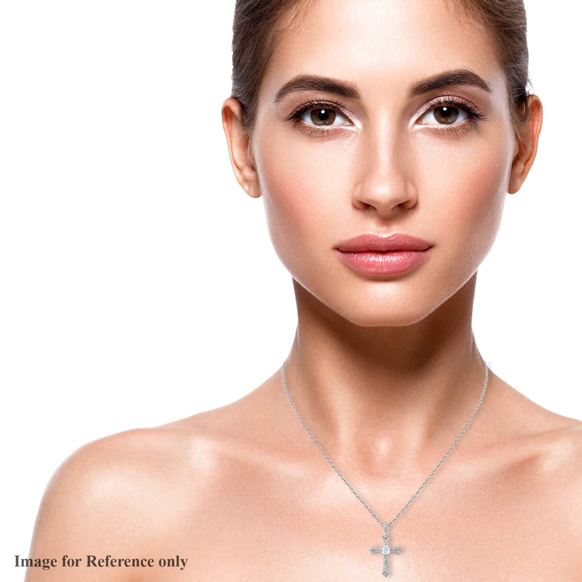 Simulated Diamond Cross Pendant Necklace 20 Inch in Goldtone and ION Plated YG Stainless Steel image number 2