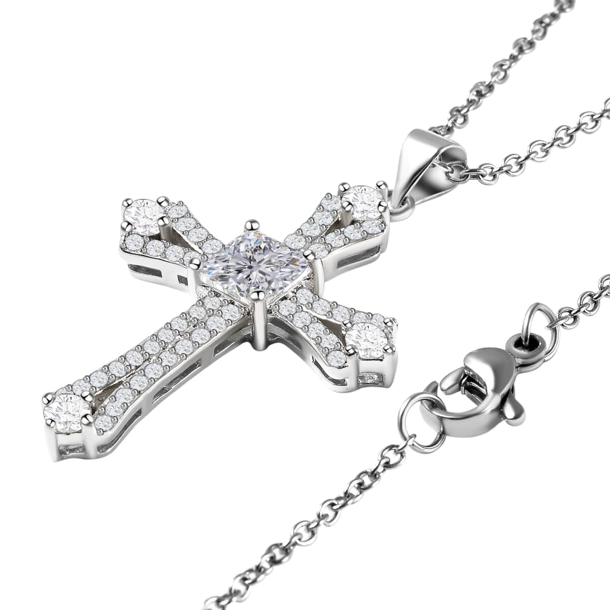 Simulated Diamond Cross Pendant Necklace 20 Inch in Goldtone and ION Plated YG Stainless Steel image number 3