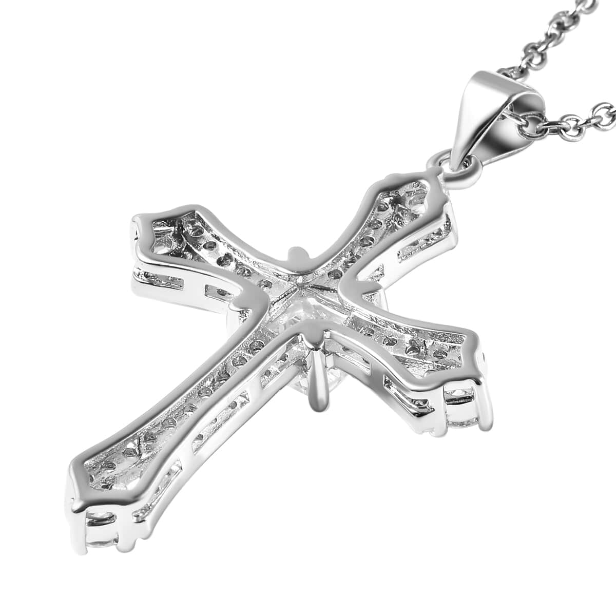 Simulated Diamond Cross Pendant in Silvertone with Stainless Steel Necklace 20 Inches 2.65 ctw image number 4