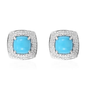 STS Closeout Sleeping Beauty Turquoise and White Zircon Earrings in Platinum Over Sterling Silver 4.15 ctw