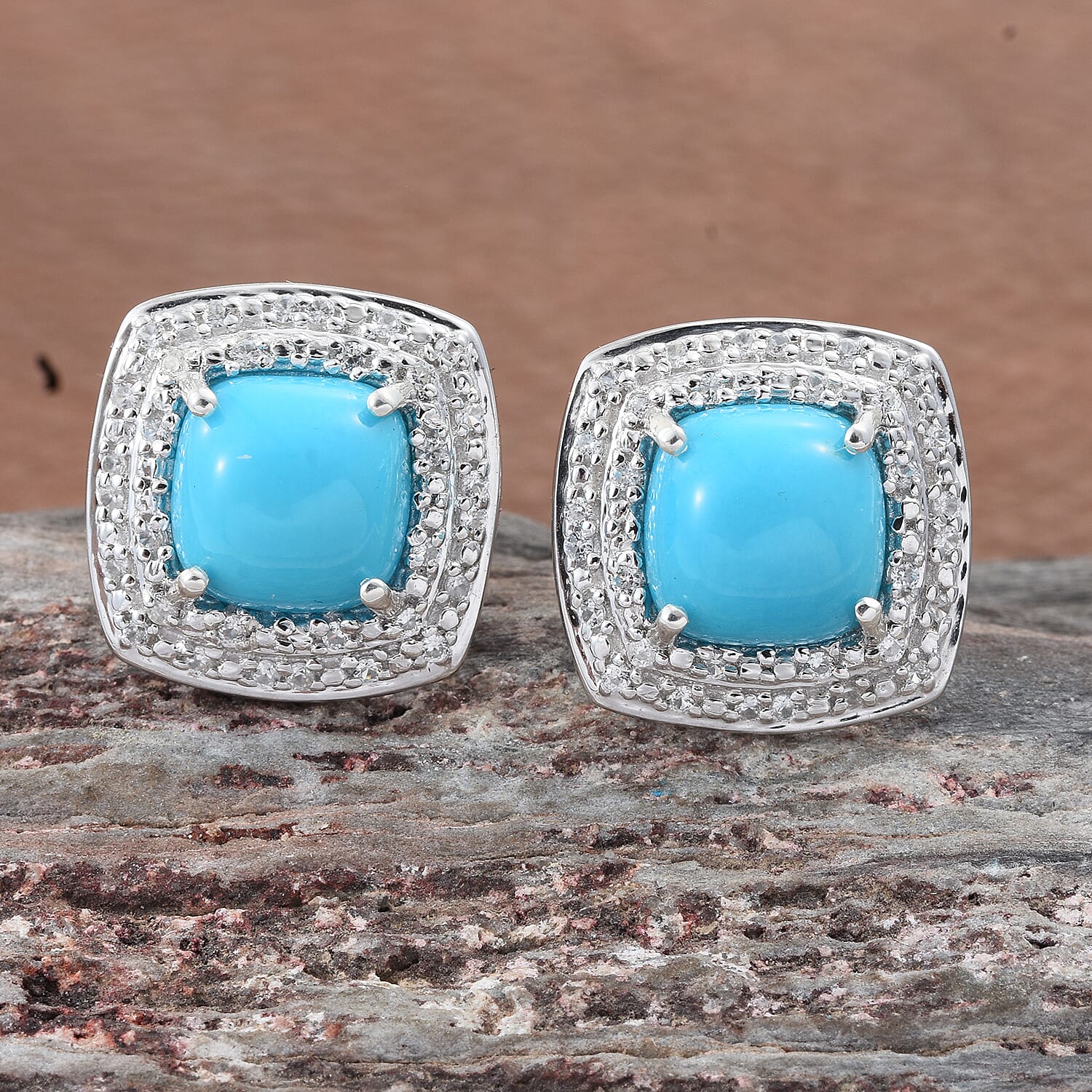 STS Closeout Sleeping Beauty Turquoise and White Zircon Earrings in Platinum Over Sterling Silver 4.15 ctw