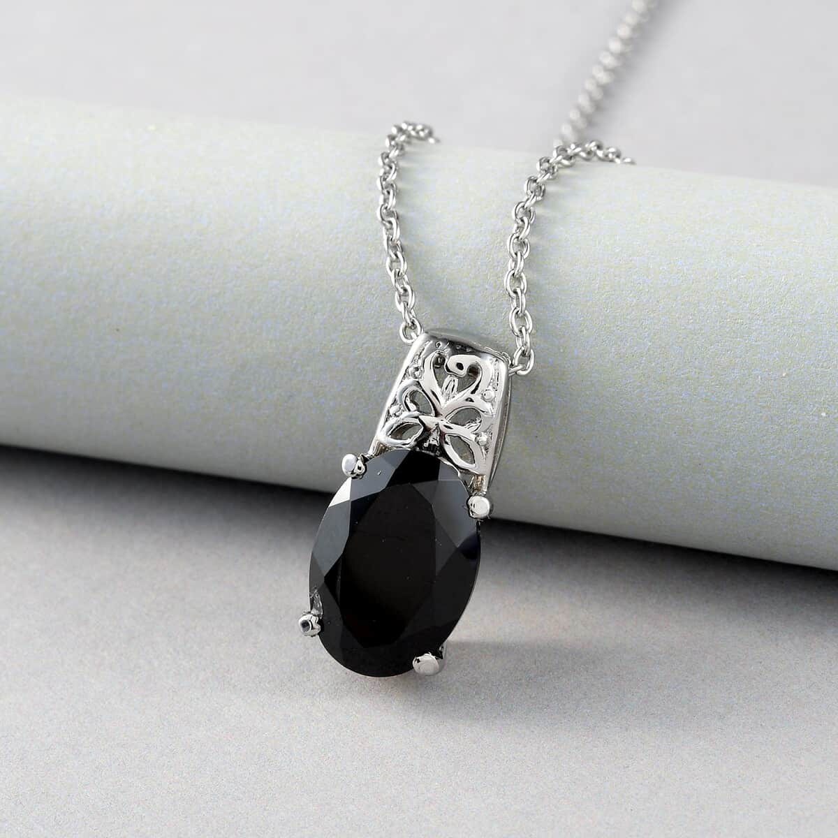 Thai Black Spinel 7.25 ctw Pendant Necklace 20 Inches in Stainless Steel image number 1