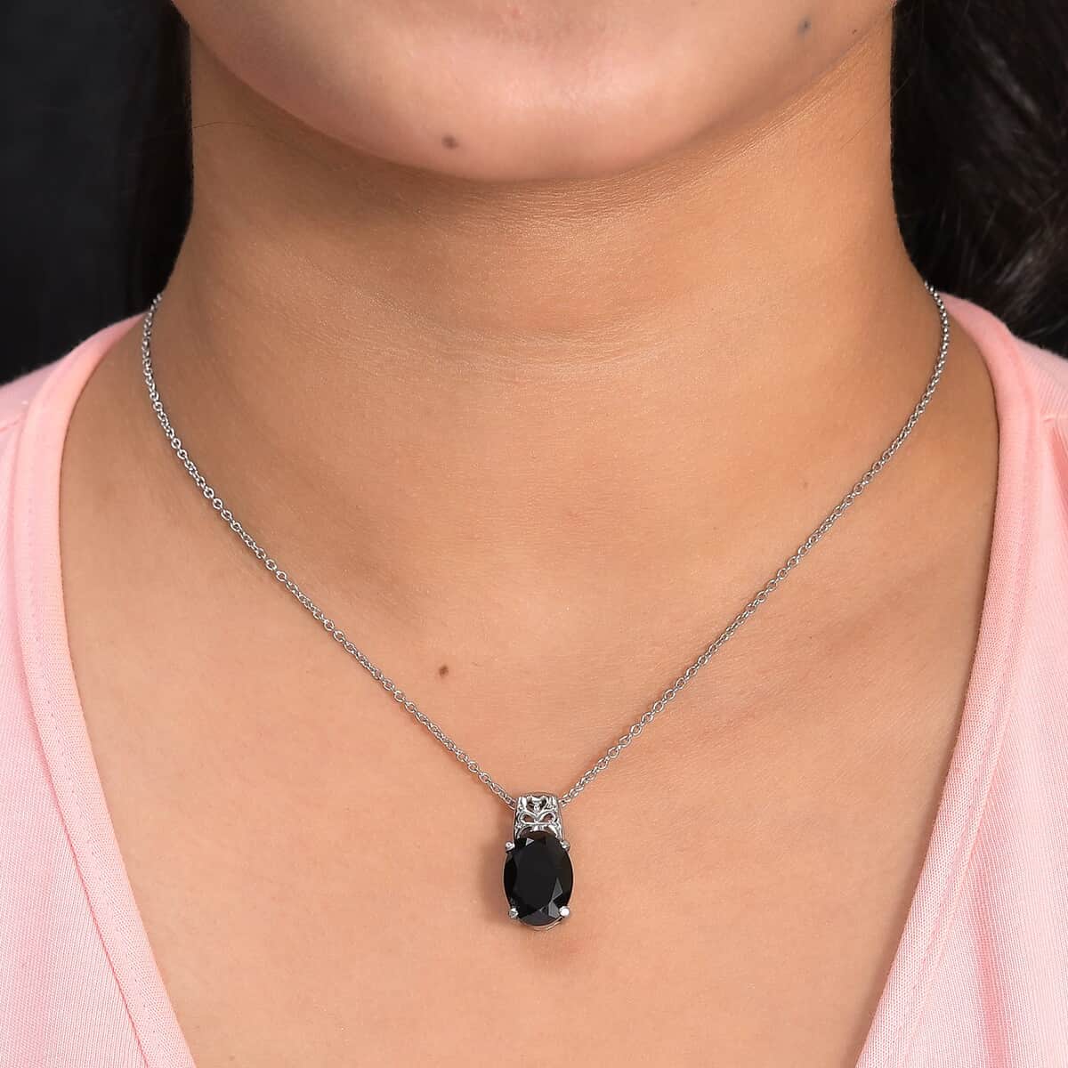 Thai Black Spinel 7.25 ctw Pendant Necklace 20 Inches in Stainless Steel image number 3